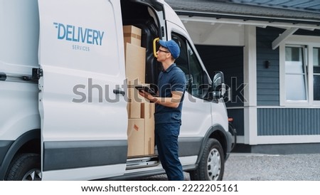 Courier Using Tablet Computer Next to Open Delivery Van Side Door with Cardboard Parcels. Mailman Delivering the Package to a Homeowner.