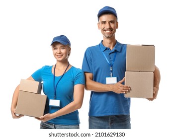 Couriers with parcels on white background