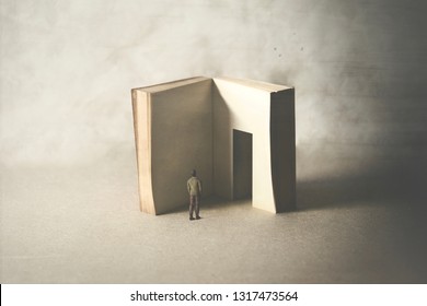 courious man entering in the book's door, fear of wisdom