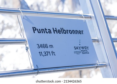 Courmayeur, Italy - March 9, 2022: Sign of the Skyway cable car at Helbronner peak on the Mont Blanc.