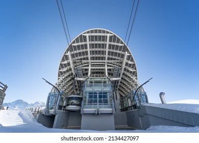 Courmayeur, Italy - march 9, 2022: Mont Blanc Skyway cable car mid station, wide angle view.