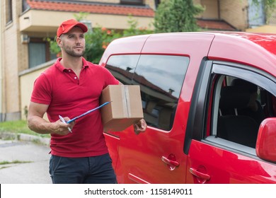 Courrier doing his job and delivering the items.