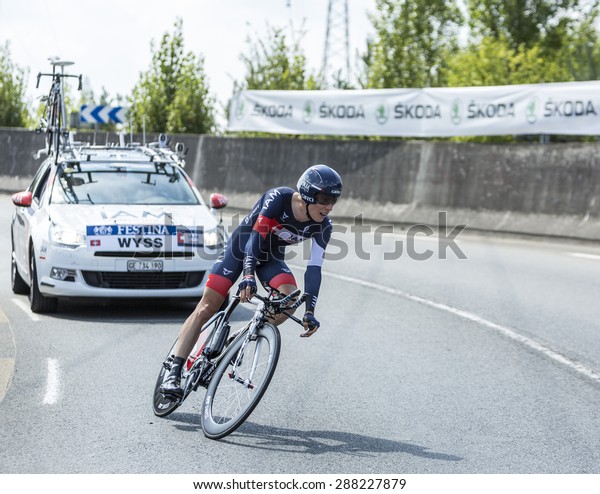 COURSAC,FRANCE-JUL 26: The Swiss cyclist\
Marcel Wyss (IAM Cycling Team ) pedaling during the stage 20 ( time\
trial Bergerac - Perigueux) of Le Tour de France 2014.\
