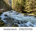 The course of the river Orbe between the cave or spring and the settlement of Vallorbe (der Fluss Orbe or le fleuve de l