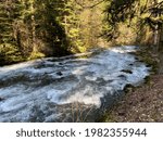 The course of the river Orbe between the cave or spring and the settlement of Vallorbe (der Fluss Orbe or le fleuve de l