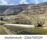 The course of the river Orbe between the cave or spring and the settlement of Vallorbe (der Fluss Orbe or le fleuve de l