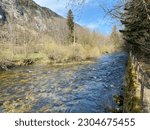 The course of the river Orbe between the cave or spring and the settlement of Vallorbe (der Fluss Orbe or le fleuve de l