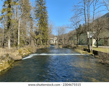The course of the river Orbe between the cave or spring and the settlement of Vallorbe (der Fluss Orbe or le fleuve de l'Orbe), Vallorbe - Canton of Vaud, Switzerland (Schweiz)