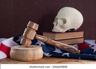 A Court Hammer And A Skull On The Background Of The Flag Of The United States, The Death Penalty, The Federal Court Of The United States