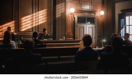 Court of Justice and Law Trial: Public is Sitting on Benches, Listening to Impartial Judge. Supreme Federal Court African American Judge Starts Civil Case Hearing with Striking a Gavel.