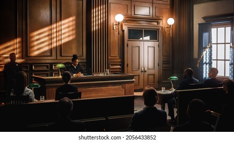 Court Of Justice And Law Trial: Public Is Sitting On Benches, Listening To Impartial Judge. Supreme Federal Court African American Judge Starts Civil Case Hearing With Striking A Gavel.