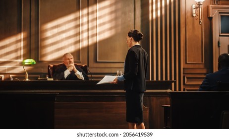 Court Of Justice And Law Trial: Successful Female Prosecutor Presenting The Case, Making Passionate Speech To Judge, Jury. Attorney Lawyer Protecting Client With Closing Not Guilty Arguments.