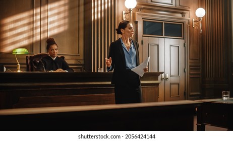 Court of Justice and Law Trial: Successful Female Public Defender Presenting the Case, Making Passionate Speech to Judge, Jury. Attorney Lawyer Protecting Client with Closing Not Guilty Arguments.