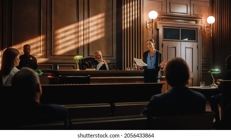 Court Of Justice And Law Trial: Successful Female Public Defender Presenting The Case, Making Passionate Speech To Judge, Jury. Attorney Lawyer Protecting Client With Closing Not Guilty Arguments.