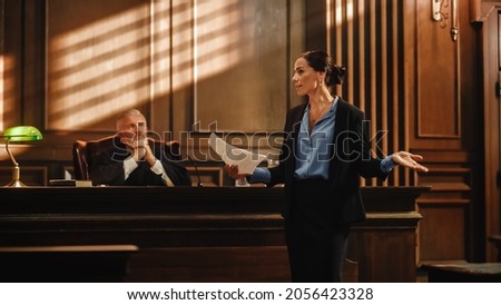 Court of Justice and Law Trial: Successful Female Prosecutor Presenting the Case, Making Passionate Speech to Judge, Jury. Attorney Lawyer Protecting Client with Closing Not Guilty Arguments.