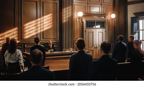 Court of Justice Trial: Impartial Judge is Sitting, Public Stands. Supreme Federal Court Judge Starts Civil Case Hearing. Sentencing Law Offender. - Shutterstock ID 2056433756