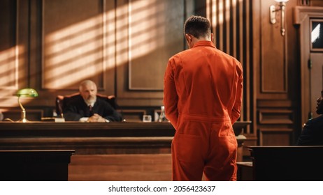Court of Law and Justice Trial Proceedings: Law Offender in Orange Jumpsuit is Questioned and Giving Testimony to Judge, Jury. Criminal Denying Charges, Pleading, Inmate Denied Parole. - Shutterstock ID 2056423637