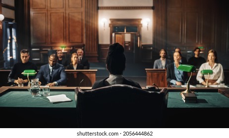 Court of Law Trial: Female Judge and and Jury Sit, Start of a Civil Case Hearing. Proceedings in Motion to Rule Out a Sentence. Defendant is Not Convicted nor Not Guilty. - Shutterstock ID 2056444862