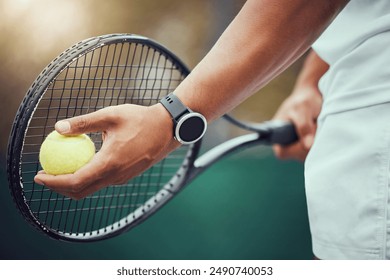 Court, racket and tennis with hands for game, competition and challenge outdoor for professional match. Sports, athlete person or sportsman with ball, equipment and training with motivation for serve