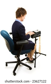 Court Reporter Typing On Her Stenography Machine.  Full Body Isolated On White.