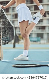 Court, woman and stretching before tennis game for fitness, exercise and workout outdoor in Cape Town. Flexibility, person and leg training for sport competition, challenge and wellness for body - Shutterstock ID 2364787017