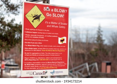 Courtenay, Canada - March 3,2021: View Of Sign Its A Matter Of Boater And Whale Safety In Courtenay Marina