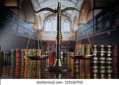 Courtroom Concept Background. Judge's Gavel On Vintage Wooden Table.