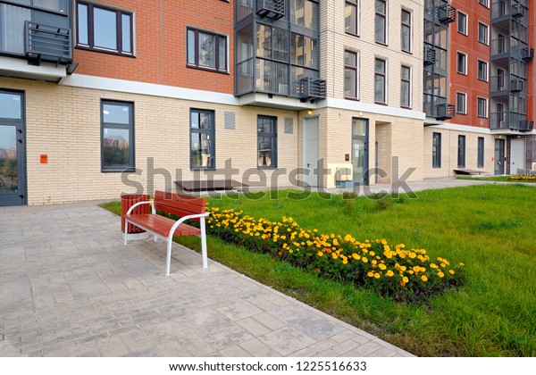 Courtyard Apartment Building Garden Bench Lawn Stock Photo Edit