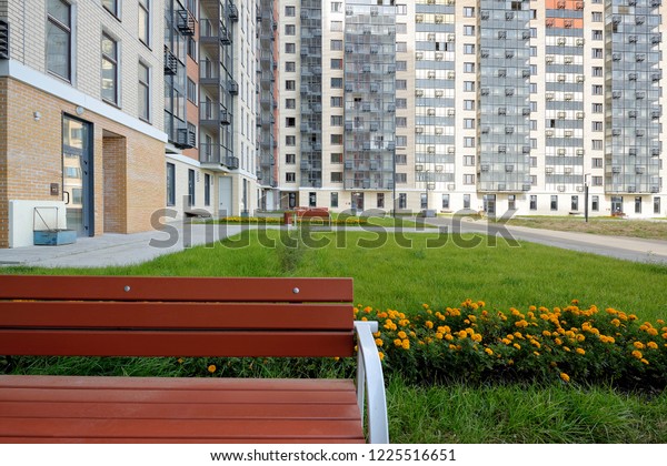 Courtyard Apartment Building Garden Bench Lawn Stock Photo Edit