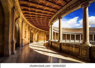 Courtyard Of The Palacio De Carlos V In La Alhambra, Granada, Spain.