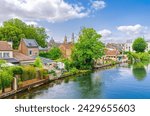 Courtyard of residential houses on bank of water canal of River Somme in Amiens city near Hortillonnages floating gardens jardins flottants, Somme department, Hauts-de-France Region, Northern France