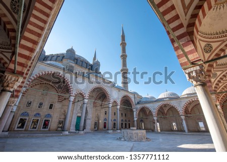 Courtyard of Selimiye Mosque in Edirne, Turkey. The mosque is in UNESCO World Heritage Site. The mosque was commissioned by Sultan Selim II, and was built by architect Mimar Sinan