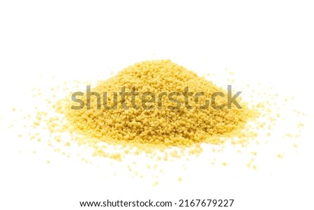 Couscous pile isolated. Dry cuscus, raw kuskus, uncooked cous cous or semolina granules on white background