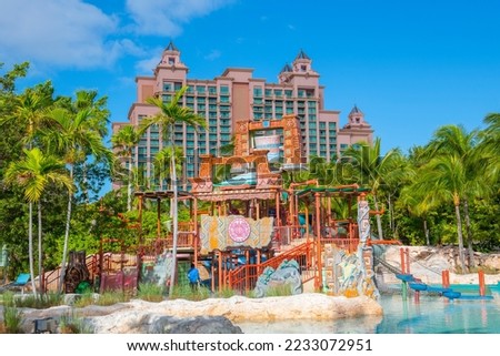 The Cove Tower and Splashers water park at Atlantis Hotel on Paradise Island, Bahamas. 