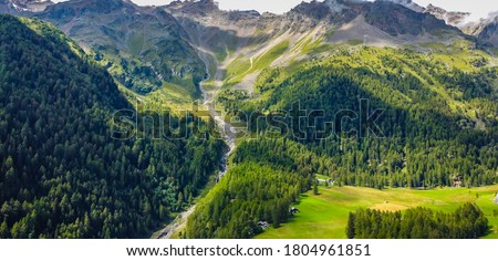 Covel Refuge in Pejo Valley, Ortles mountain group, Stelvio Natural Park, Trentino Alto Adige, Trento province, northern Italy. Panoramc view from above.