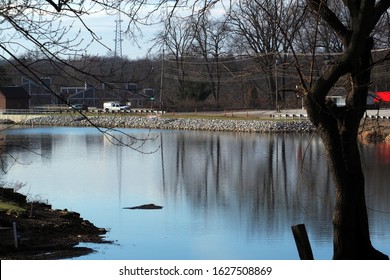 Coventry Township, Ohio / USA = 1/15/2020: Working On Damn Reconstruction On East Reservoir In The Portage Lakes On Near North Turkeyfoot Road And Portage Lakes Dr. Cat Swamp Side