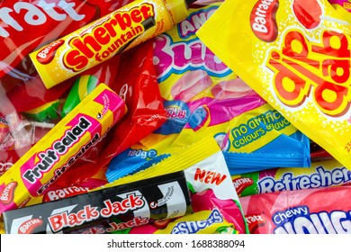 Coventry, West Midlands, UK - March 28, 2020: Barratt Nostalgic Mixed Wrapped Sweets In A Pile Close Up