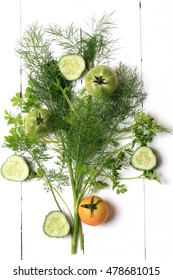 Cover For A Cookbook Magazine Dill And Cilantro Tomato Cucumber On White Wooden Background Style Flat Top View