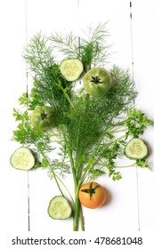 Cover For A Cookbook Magazine Dill And Cilantro Tomato Cucumber On White Wooden Background Style Flat Top View