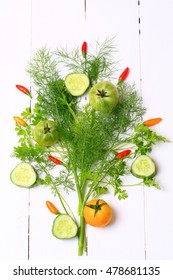 Cover For A Cookbook Magazine Dill And Coriander Chilli Tomato Cucumber On White Wooden Background Style Flat Top View