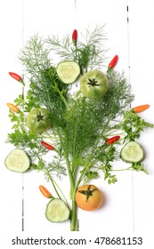 Cover For A Cookbook Magazine Dill And Coriander Chilli Tomato Cucumber On White Wooden Background Style Flat Top View