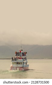 Cover Page With A Modern Tour Boat With Big Group Of Tourists Is Going For A Humpback Whale At Whale Watching Safari Near Reykjavik, Iceland