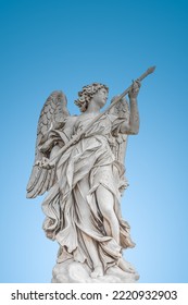 Cover page and statue beautiful holy angel and wings holding war spear at the Saint Angel bridge at blue sky gradient background  Rome  Italy  and copy space