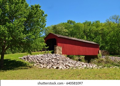 Covered bridge over Mary's River near Chester, Illinois. The wooden bridge was built in 1854. It's the only remaining covered bridge in Southern Illinois & is on National Register of Historic Places.