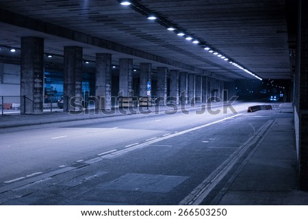 Covered Urban Street Illuminated in Cool Blue Light at Night