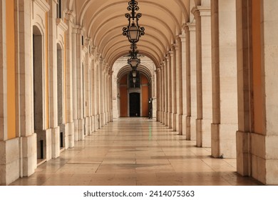 Covered walkway at the Praca Do Comercio, Lisbon, Portugal