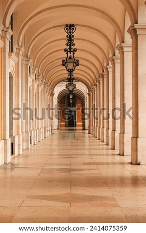 Covered walkway at the Praca Do Comercio, Lisbon, Portugal