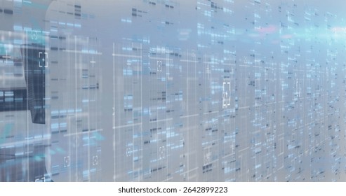 Covering racks with holographic data overlay in data center, with cooling vents and network cables. Technology, data, digital, futuristic, innovation, cybersecurity, network