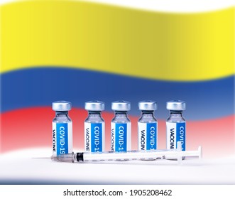 国旗の背景にCovid 19コロナウイルスワクチンのボトルと注射器。 コロナウイルスワクチン、インフルエンザ治療薬製造コンセプト