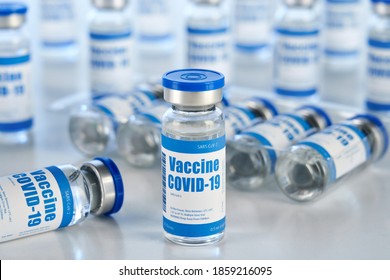 Covid 19 coronavirus vaccine vial bottle for intramuscular injections on medical pharmaceutical industry background. Corona virus cure manufacturing, flu treatment drug pharmacy production concept.